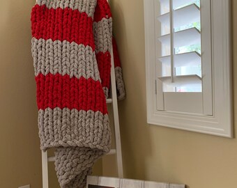 Red and light grey handmade chunky knit blanket