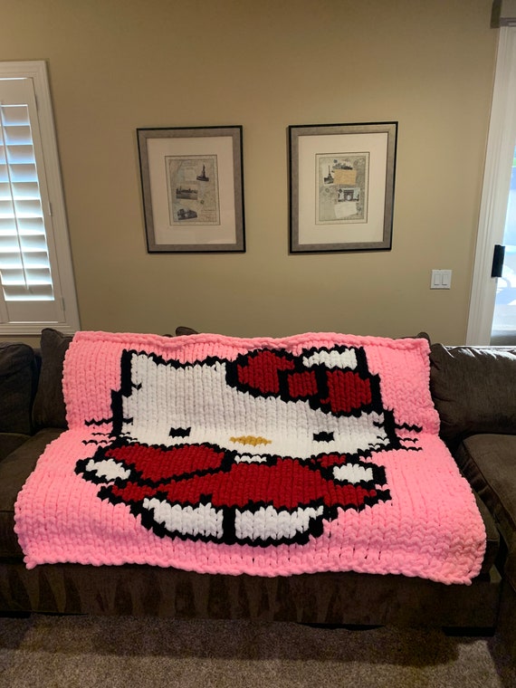 Hello Kitty Heart Large Chunky Knit Blanket Etsy