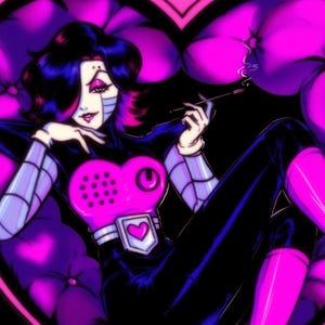 May include: A digital illustration featuring a character with dark hair and a robotic face sitting in a large, tufted, heart-shaped pink chair. The character wears a black outfit with a pink heart chest plate. Text reads "lu. Mettaton" and "First edition. Produced MTT Studios. Edited NobaBoba. for Ish."