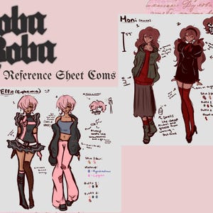 以下が含まれることがあります： 「Noba Boba」と「Reference Sheet Coms」のテキストが入ったデジタルキャラクターリファレンスシート。EffieとMoniの2人のキャラクターが特徴で、衣装や外観に関する詳細なメモが記載されています。背景は薄いピンク色です。