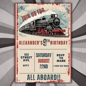 May include: A vintage-style birthday invitation with a cartoon train engine. The invitation says "Join us for Alexander's 9th Birthday" and includes details like the date, time, and RSVP information.