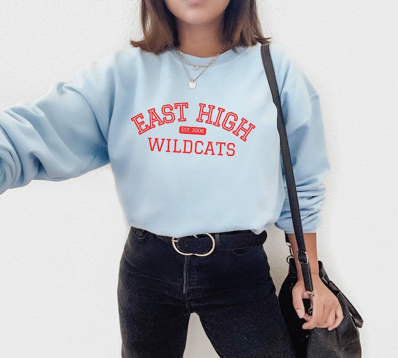 May include: A light blue sweatshirt with the text "East High Est. 2006 Wildcats" in red.