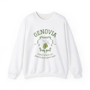 May include: White sweatshirt with a green graphic print of a pear tree and the text "GENOVIA est. 2001" and "A Queen is Never Late, Everyone Else is Simply Early."