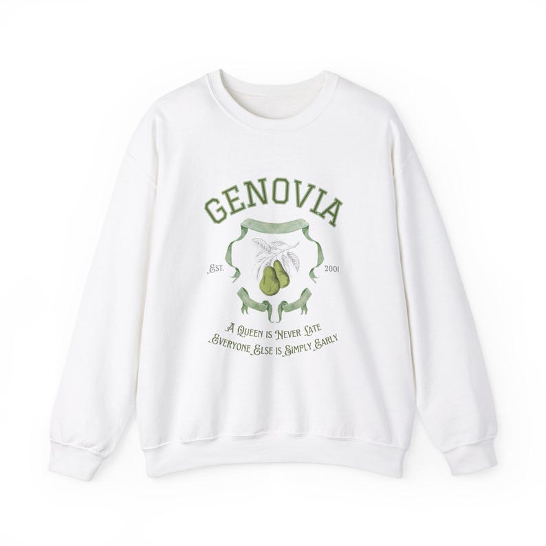 May include: White sweatshirt with a green graphic print of a pear tree and the text "GENOVIA est. 2001" and "A Queen is Never Late, Everyone Else is Simply Early."