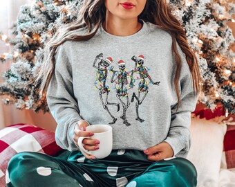 Dancing Skeleton Christmas Sweatshirt | Funny Christmas Shirt | Ugly Christmas Sweater | Cute Winter Sweater | Skeleton Tee Christmas Lights