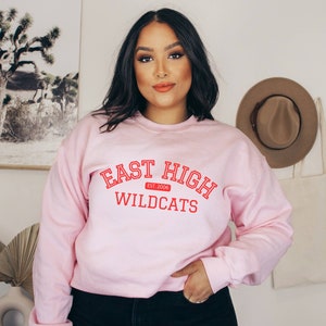 May include: Pink sweatshirt with the text "East High Wildcats Est. 2006" in red.