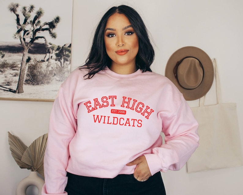 May include: Pink sweatshirt with the text "East High Wildcats Est. 2006" in red.