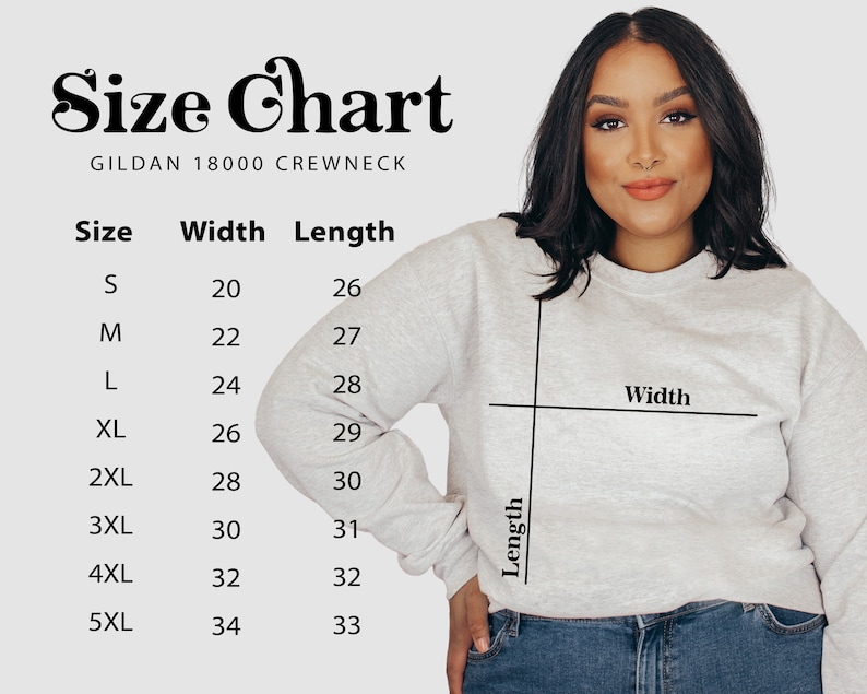 May include: Size chart for Gildan 18000 crewneck sweatshirts. The chart shows the width and length measurements in inches for sizes S through 5XL.