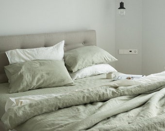 Ropa de cama de lino de 3 piezas en sage green / funda nórdica de lino y 2 fundas de almohada / Twin, Full, Queen, King, Euro, AU sizes
