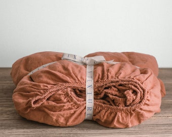 Linen fitted sheet in Dark Orange / Linen bedding / Stone Washed Soft linen / Twin, Full, Double, Queen, King, Euro, AU sizes