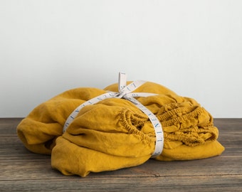 Linen fitted sheet in Mustard / Linen bedding / Stone Washed Soft linen / Twin, Full, Double, Queen, King, Euro, AU sizes