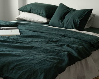 3 piece linen bedding set in Emerald Green / Linen duvet cover and 2 pillowcases / Twin, Full, Queen, King, Euro, AU sizes