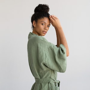 Kimono robe in Green / Stonewashed linen Kimono / Linen Kimono Robe / Linen Kimono Dress / Oversize Linen Kimono Jacket image 1