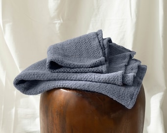 Linen waffle towel in gray blue, waffle bath towel set: hand, body towels, Large Waffle textured soft washed linen