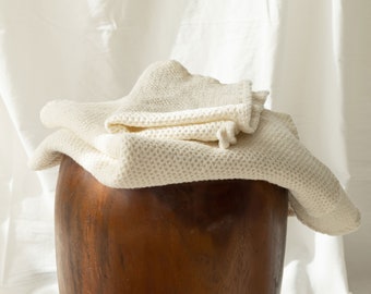 Linen waffle towel in White, waffle bath towel set: hand, body towels, Large Waffle textured soft washed linen