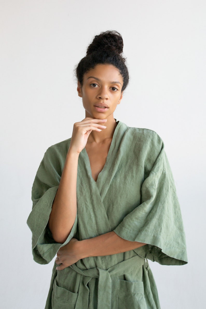 Kimono robe in Green / Stonewashed linen Kimono / Linen Kimono Robe / Linen Kimono Dress / Oversize Linen Kimono Jacket image 5