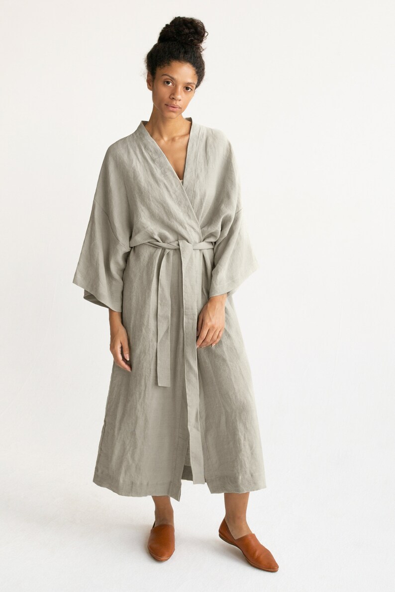 Kimono robe in Light Beige / Stonewashed linen Kimono / Linen Kimono Robe / Linen Kimono Dress / Oversize Linen Kimono Jacket image 2