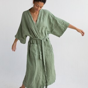 Kimono robe in Green / Stonewashed linen Kimono / Linen Kimono Robe / Linen Kimono Dress / Oversize Linen Kimono Jacket image 2