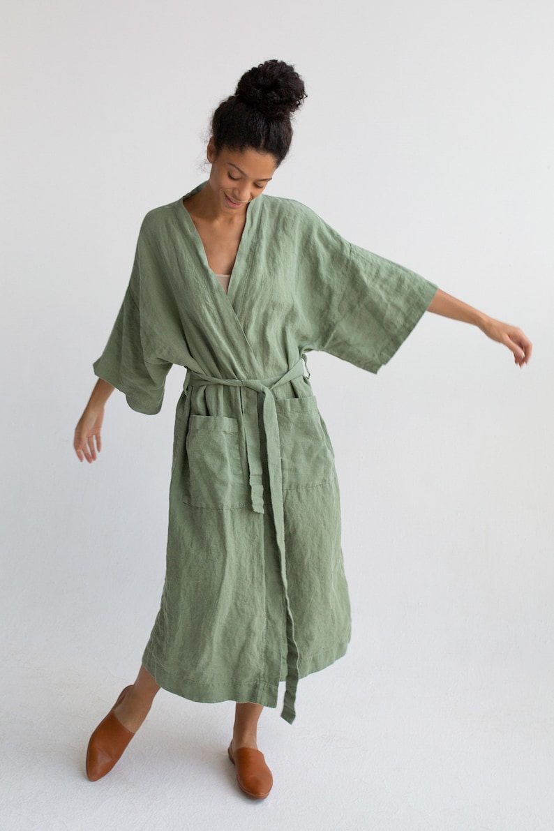 Kimono robe in Green / Stonewashed linen Kimono / Linen Kimono Robe / Linen Kimono Dress / Oversize Linen Kimono Jacket image 2