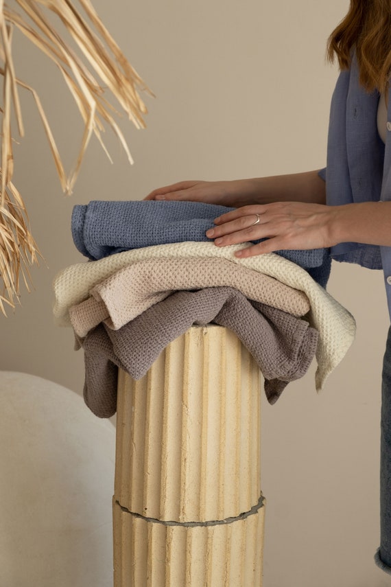 Linen Waffle Towel in Taupe, Waffle Bath Towel Set: Hand, Body Towels, Large  Waffle Textured Soft Washed Linen 