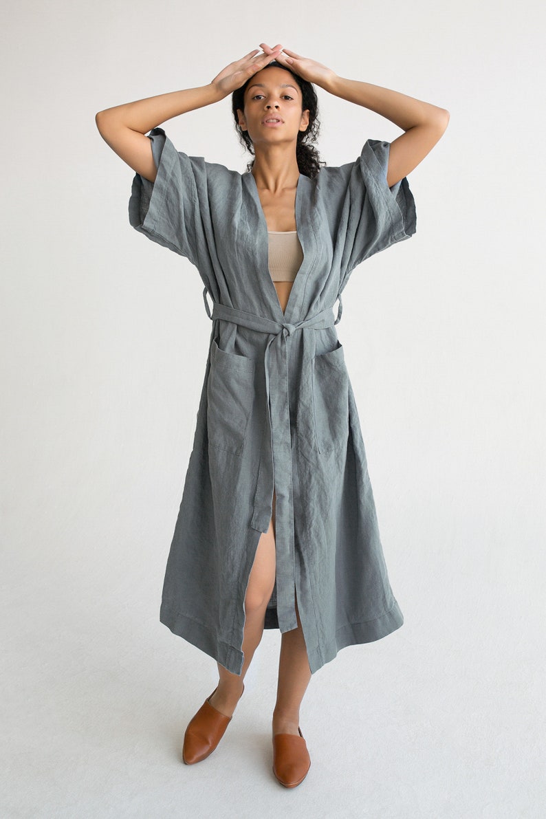 Kimono robe in Gray blue / Stonewashed linen Kimono / Linen Kimono Robe / Linen Kimono Dress / Oversize Linen Kimono Jacket image 3