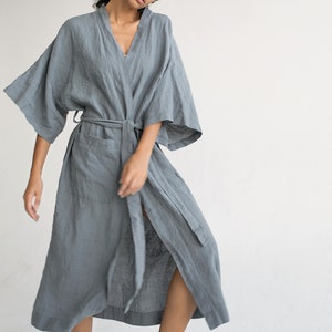 Kimono robe in Gray blue / Stonewashed linen Kimono / Linen Kimono Robe / Linen Kimono Dress / Oversize Linen Kimono Jacket image 8