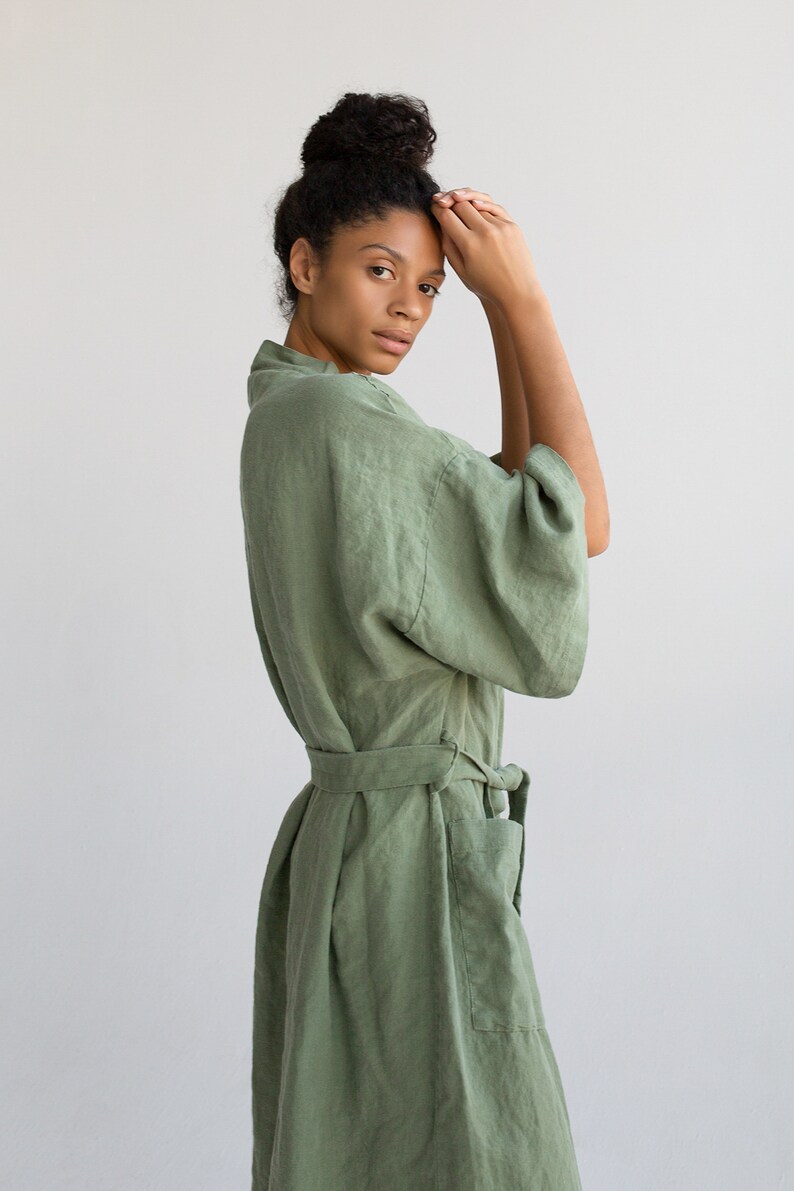 Kimono robe in Green / Stonewashed linen Kimono / Linen Kimono Robe / Linen Kimono Dress / Oversize Linen Kimono Jacket image 3