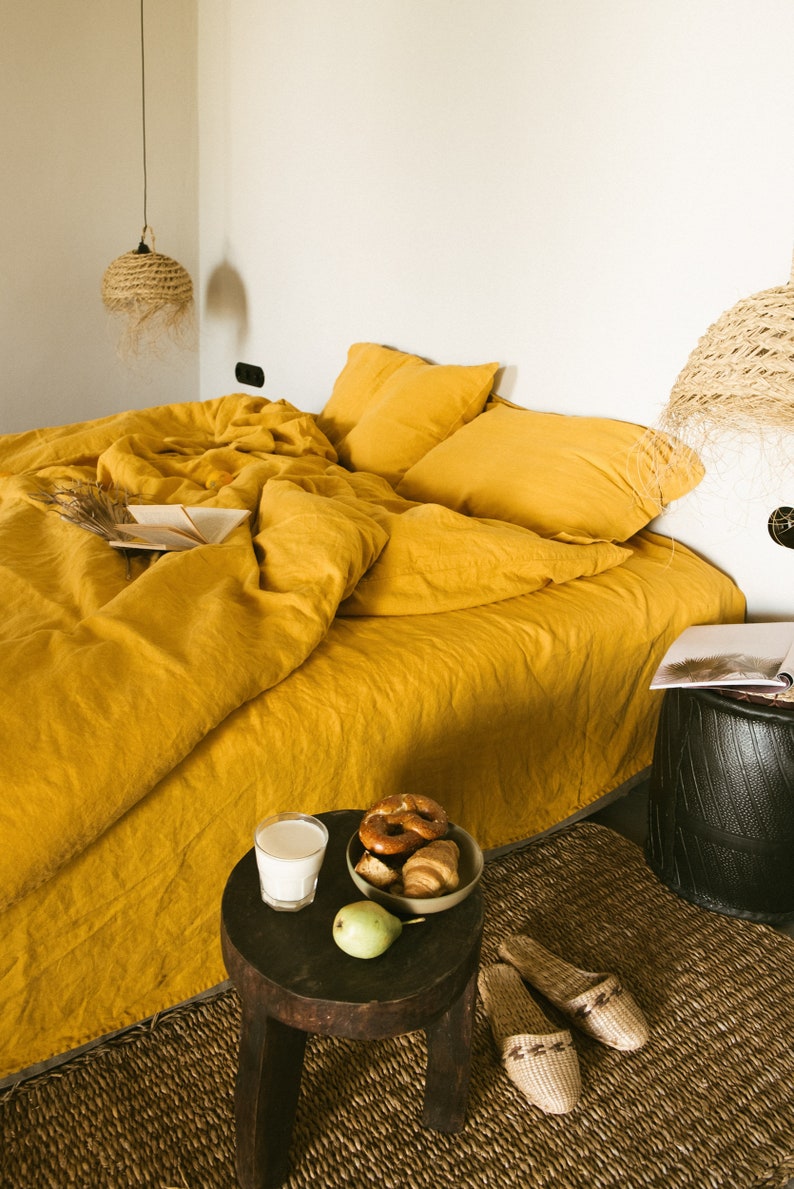 Linen flat sheet Queen size linen bed sheet in Mustard, natural linen bed sheet queen flat sheets queen top sheet image 10