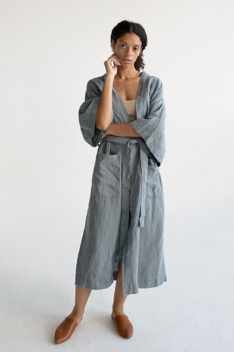 Kimono robe in Gray blue / Stonewashed linen Kimono / Linen Kimono Robe / Linen Kimono Dress / Oversize Linen Kimono Jacket image 2