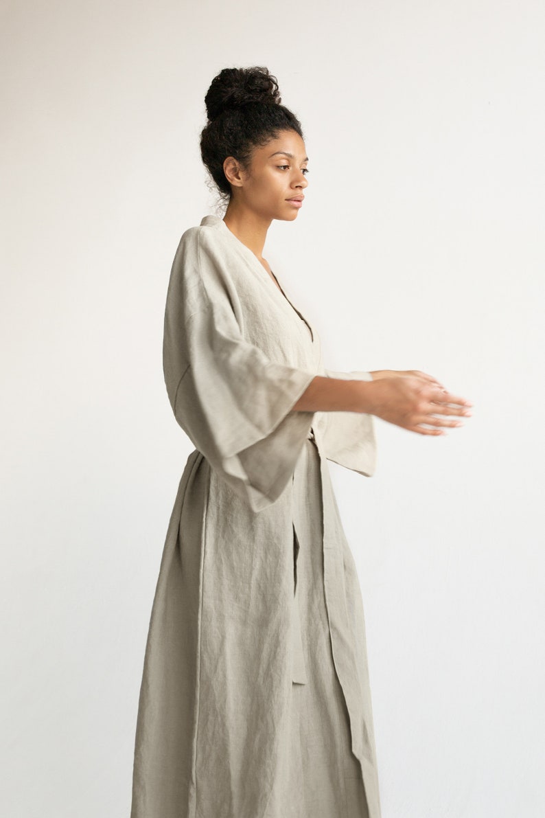 Kimono robe in Light Beige / Stonewashed linen Kimono / Linen Kimono Robe / Linen Kimono Dress / Oversize Linen Kimono Jacket image 3