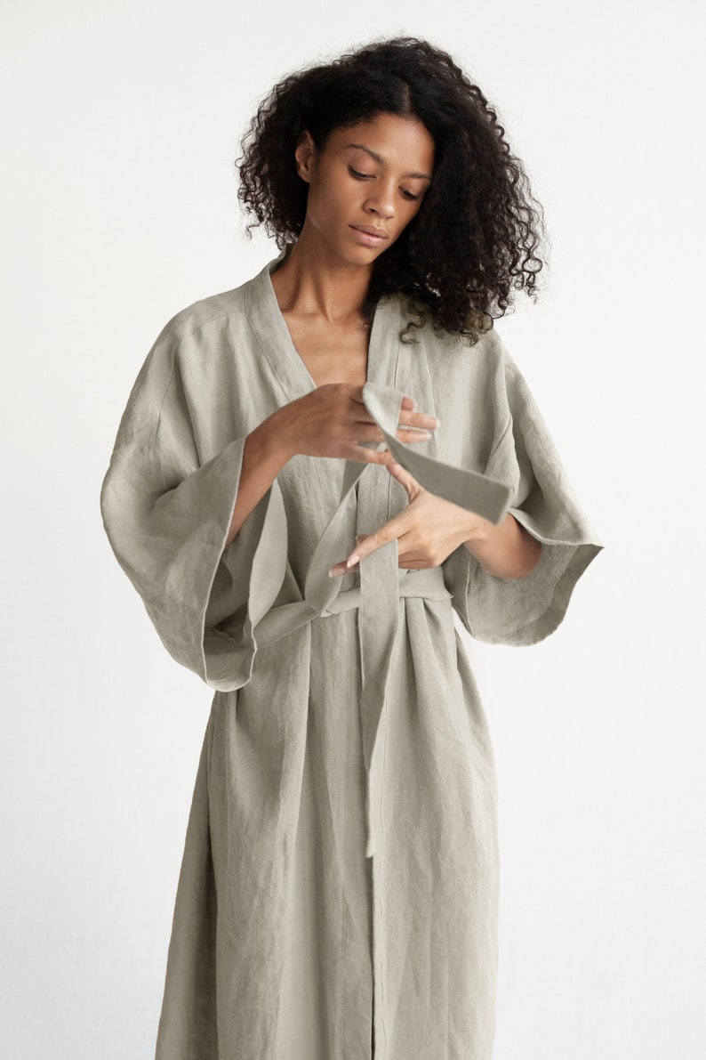 Kimono robe in Light Beige / Stonewashed linen Kimono / Linen Kimono Robe / Linen Kimono Dress / Oversize Linen Kimono Jacket image 5