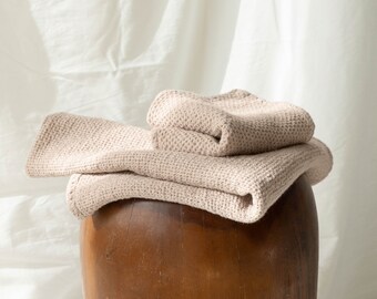 Linen waffle towel in Beige, waffle bath towel set: hand, body towels, Large Waffle textured soft washed linen