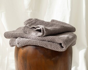 Linen waffle towel in Taupe, waffle bath towel set: hand, body towels, Large Waffle textured soft washed linen