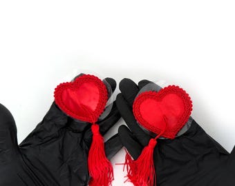 Reusable Heart Nipple Cover Pasties with Lace Edge and Tassels, Red