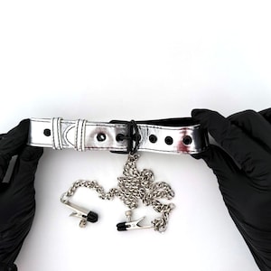Faux Leather Metallic Collar and Nipple Clamp Set, Silver