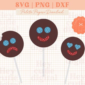 May include: Three brown lollipops with emoji faces. One has a bite taken out. The faces feature blue star eyes and red glitter smiles or frowns. The image includes the text "SVG | PNG | DXF" and "Palette Payaso Download".