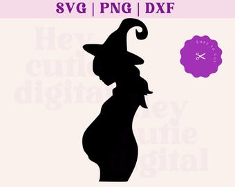 May include: Black silhouette of a pregnant witch wearing a pointed hat. The image includes the text "SVG | PNG | DXF" at the top and a purple badge with scissors and the words "Easy to cut". The background is a light beige color.