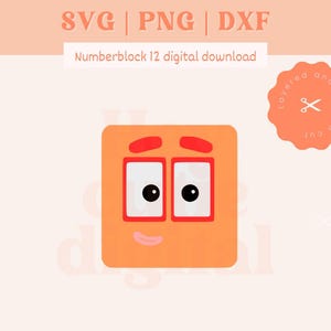 Könnte beinhalten: Orangefarbenes Quadrat mit einem lächelnden Gesicht. Das Gesicht hat zwei rote Augenbrauen, zwei rot umrandete Augen mit schwarzen Pupillen und einen roten Mund mit einem kleinen Lächeln. Das Quadrat ist mit "Numberblock 12" beschriftet.