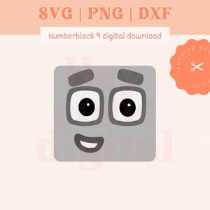 May include: A gray square with a smiling face. The face has two large eyes, a small mouth, and two eyebrows. The square has the text "Numberblock 9" above it.