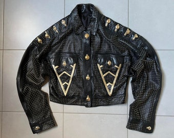 Sale • Extra RARE Gianni VERSACE Leather studded jacket with big gold medusa buttons.