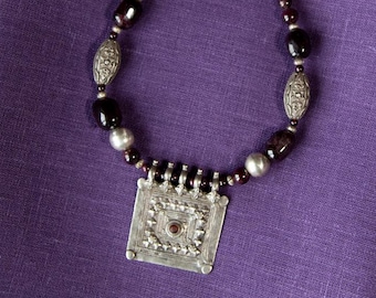 Almandine Garnet Necklace - 925 Sterling Silver Pakistani Afghan Rechtangle Pendant - Floral Pattern - Antique Berber Silver - Ethnic Tribal