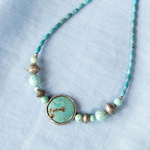Real Turquoise Necklace with Tibetan Round Pendant & Moroccan Metal Beads - Tibetan Ethnic Tribal Jewelry – Boho - Designer Necklace