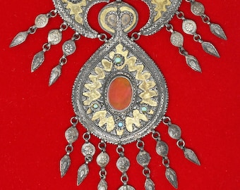 Central Asian Kazakh Granulated Gilt Silver Necklace with Carnelian, Turquoise, and Glass