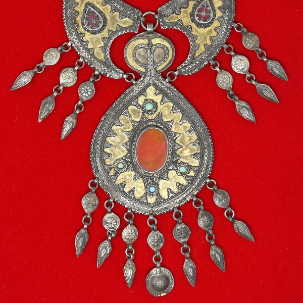 Central Asian Kazakh Granulated Gilt Silver Necklace with Carnelian, Turquoise, and Glass