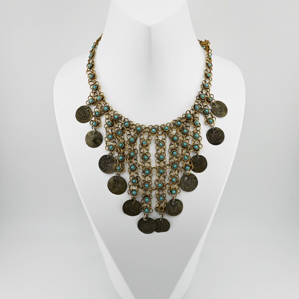 Vintage Middle Eastern Ottoman Turkish Bib Necklace with Silver Coins