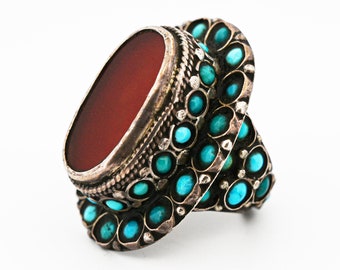 Central Asian Bukharan Uzbek and Turkmen Silver Ring with Turquoise and Carnelian Stones