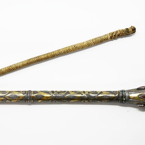 READ DESCRIPTION Antique Central Asian Turkmen Silver Gilded Whip with Carnelian and Turquoise