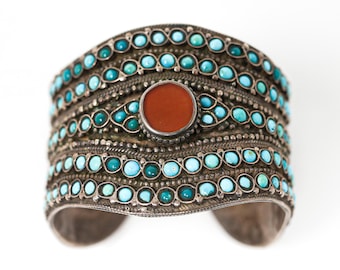 Central Asian Bukharan Uzbek Filigree Silver Bracelet with Turquoise and Carnelian Gemstones