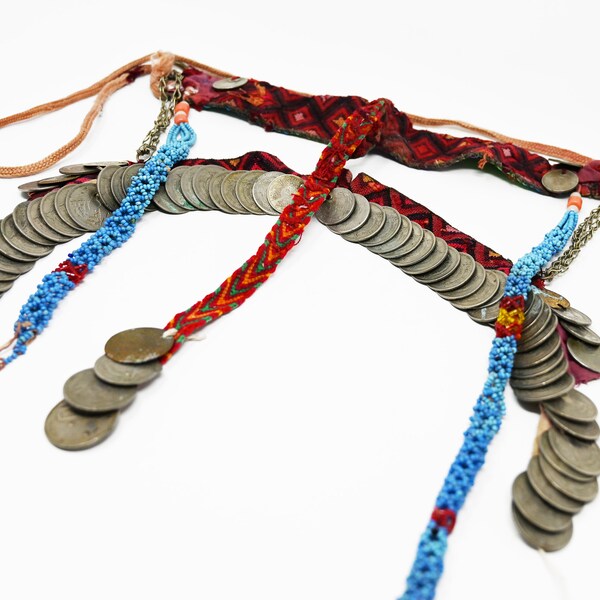 Middle Eastern Palestinian Bedouin Battoulah Face Mask with Silver Metal Coins, Beads, and Braided Turquoise Tassels