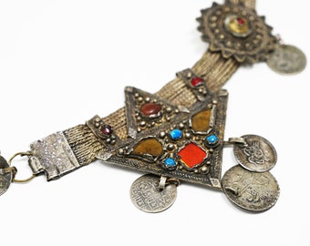 Balkan European Ottoman Bulgarian, Albanian, or Bosnian Silver Belt with Gemstones, Filigree, and Coins